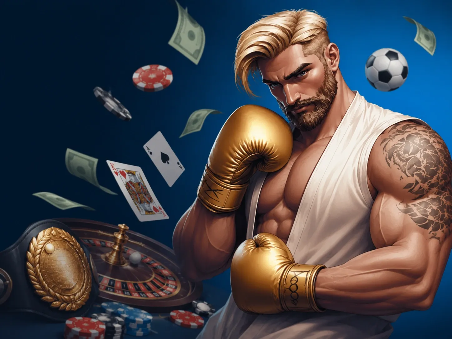 Boxer amidst floating casino elements